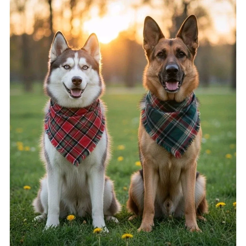 Christmas Dog Bandanas 2 PCS Plaid Two-Sided Scarf with Tassels Red-Green
